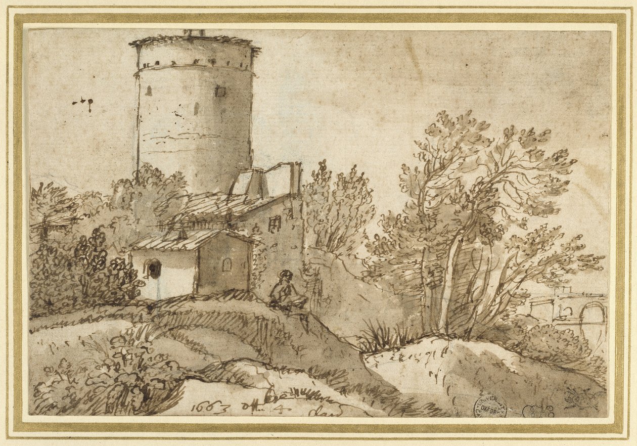 Farm Buildings by the Tiber, 1663 (musta liitu kynällä ja ruskealla musteella ja ruskea pesu luonnonvalkoiselle paperille) tekijältä Claude Lorrain