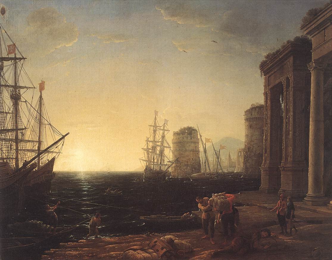 Satamanäkymä auringonlaskun aikaan tekijältä Claude Lorrain