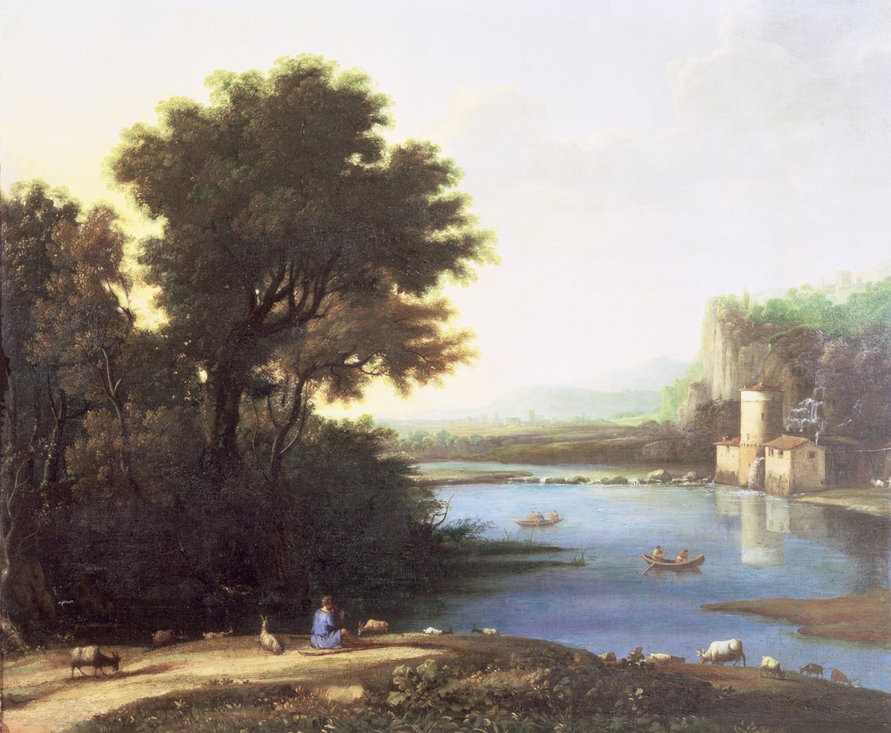 Italialainen maisema, jossa vuohien putket kulkevat vuohipaimen kanssa tekijältä Claude Lorrain