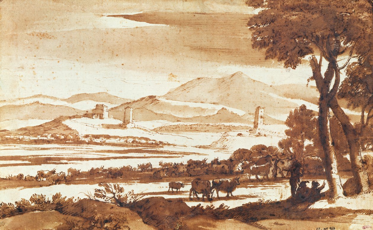 Rooman maaseudun maisema, 1643 (kynän ja musteen pesu paperille) tekijältä Claude Lorrain