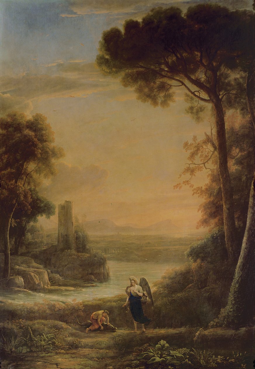 Maisema, arkkienkeli Rafael ja Tobias tekijältä Claude Lorrain