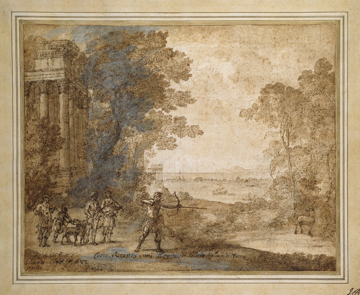 Maisema, jossa Ascanius ampuu Sylvian polttaria, 1680-82 (vaalea musta liitu kynällä ja ruskealla musteella, ruskea pesu ja valkoinen vartaloväri) tekijältä Claude Lorrain