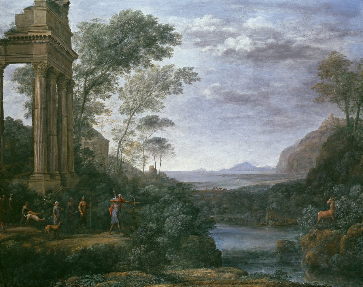 Maisema, jossa Ascanius ampuu Sylvian polttaria, 1600-luku tekijältä Claude Lorrain