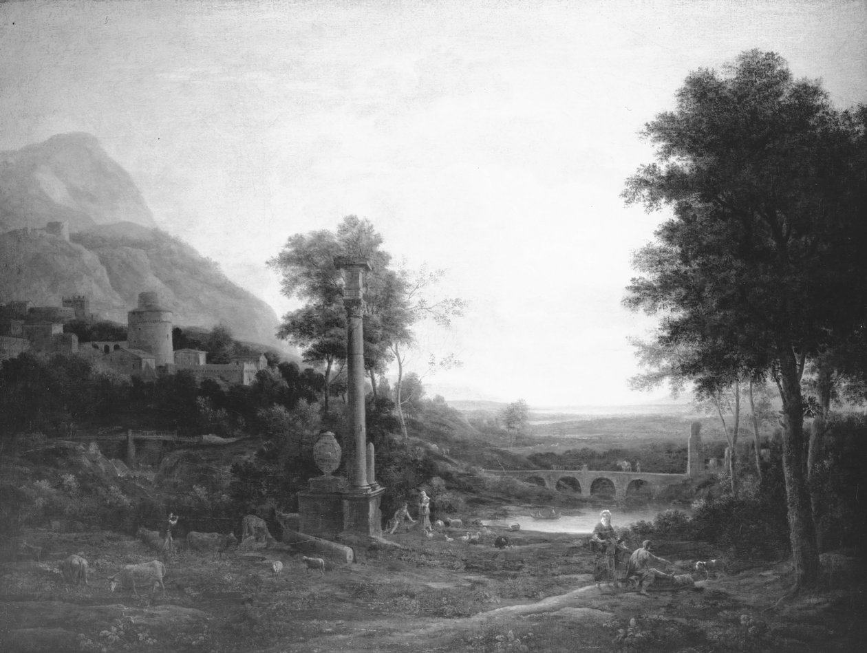 Maisema sarakkeen ja kuvien kanssa tekijältä Claude Lorrain