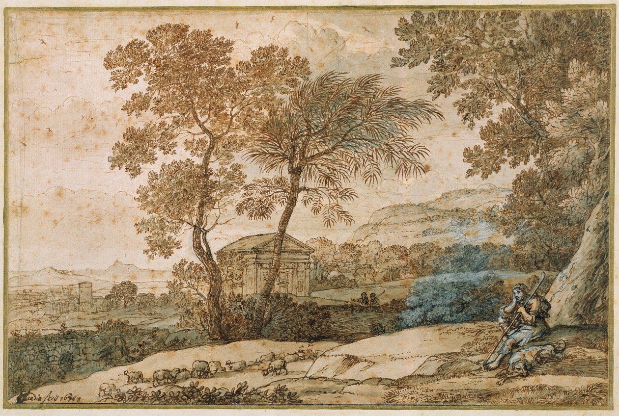 Maisema paimenen ja hänen koiransa kanssa (kynä ja muste paperille) tekijältä Claude Lorrain