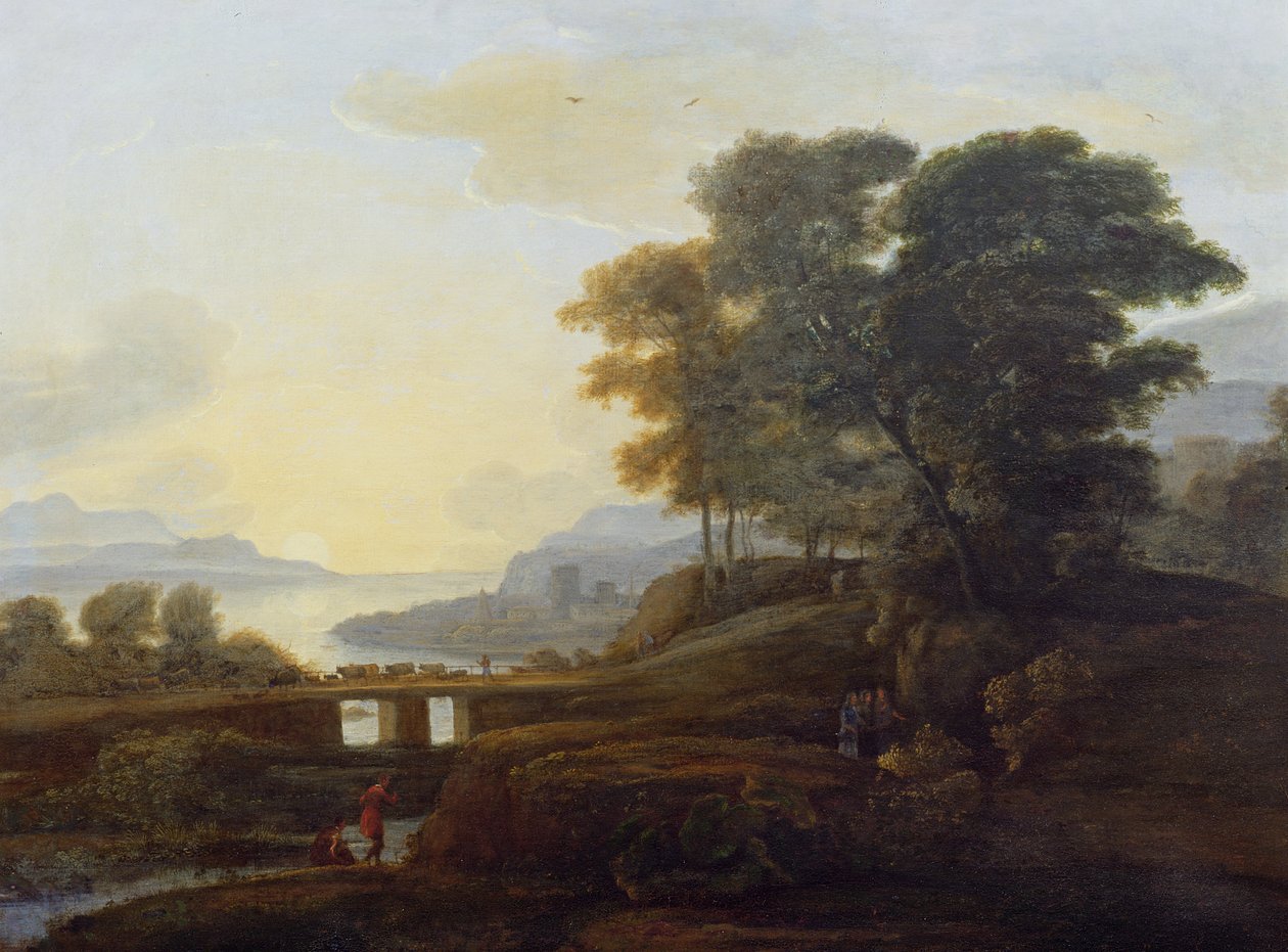 Maisema karjan ja vuohien ylittämässä siltaa tekijältä Claude Lorrain