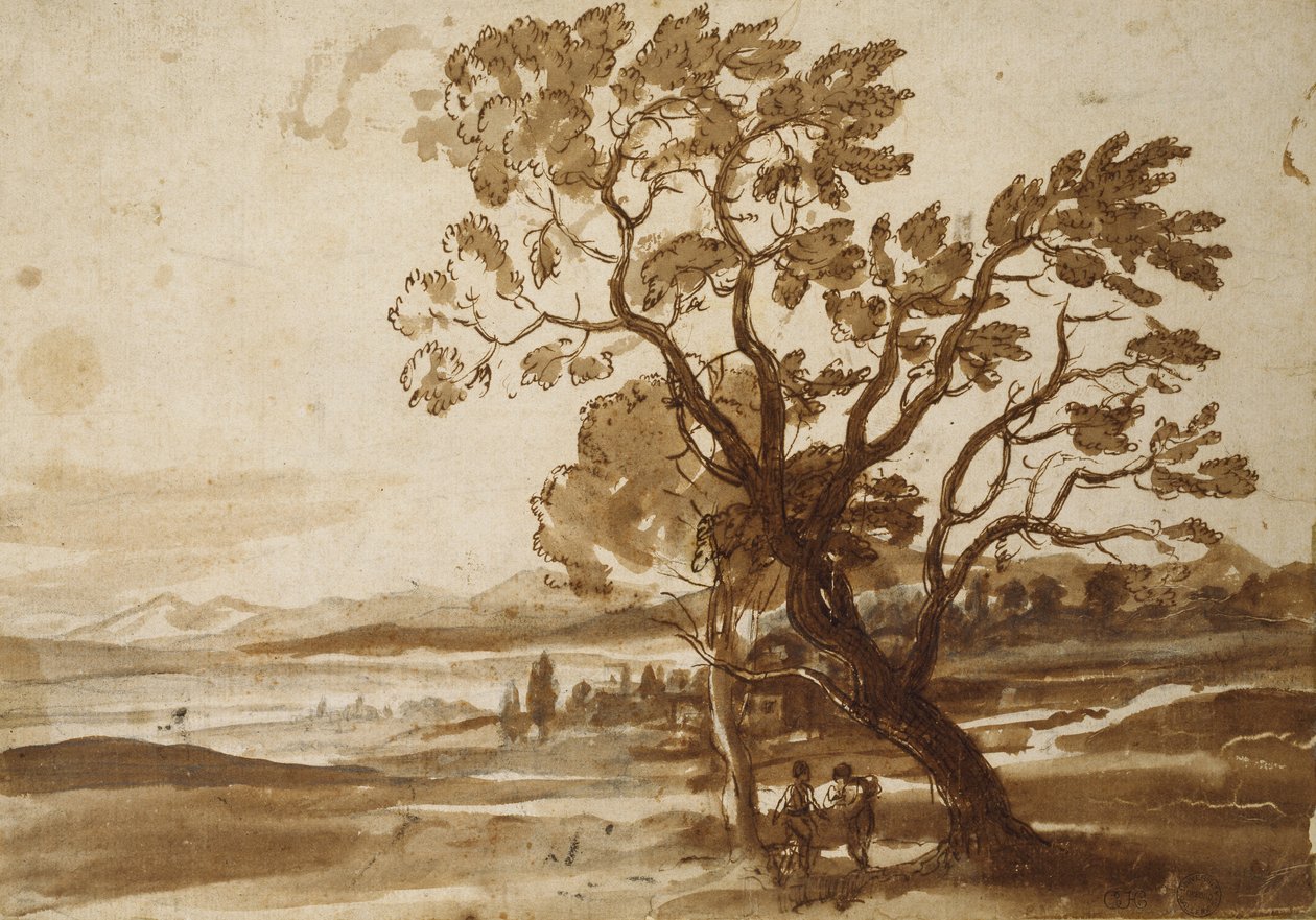 Maisema kahdella puulla, n. 1638 (musta liitu kynällä ja ruskealla musteella ja ruskea pesu luonnonvalkoiselle paperille) tekijältä Claude Lorrain