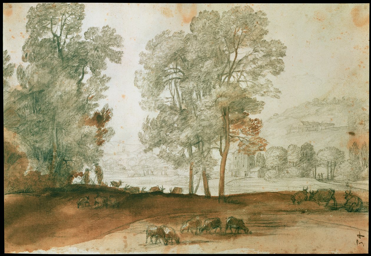 Pastoraalinen maisema (musta liitu ja pesu paperille) tekijältä Claude Lorrain