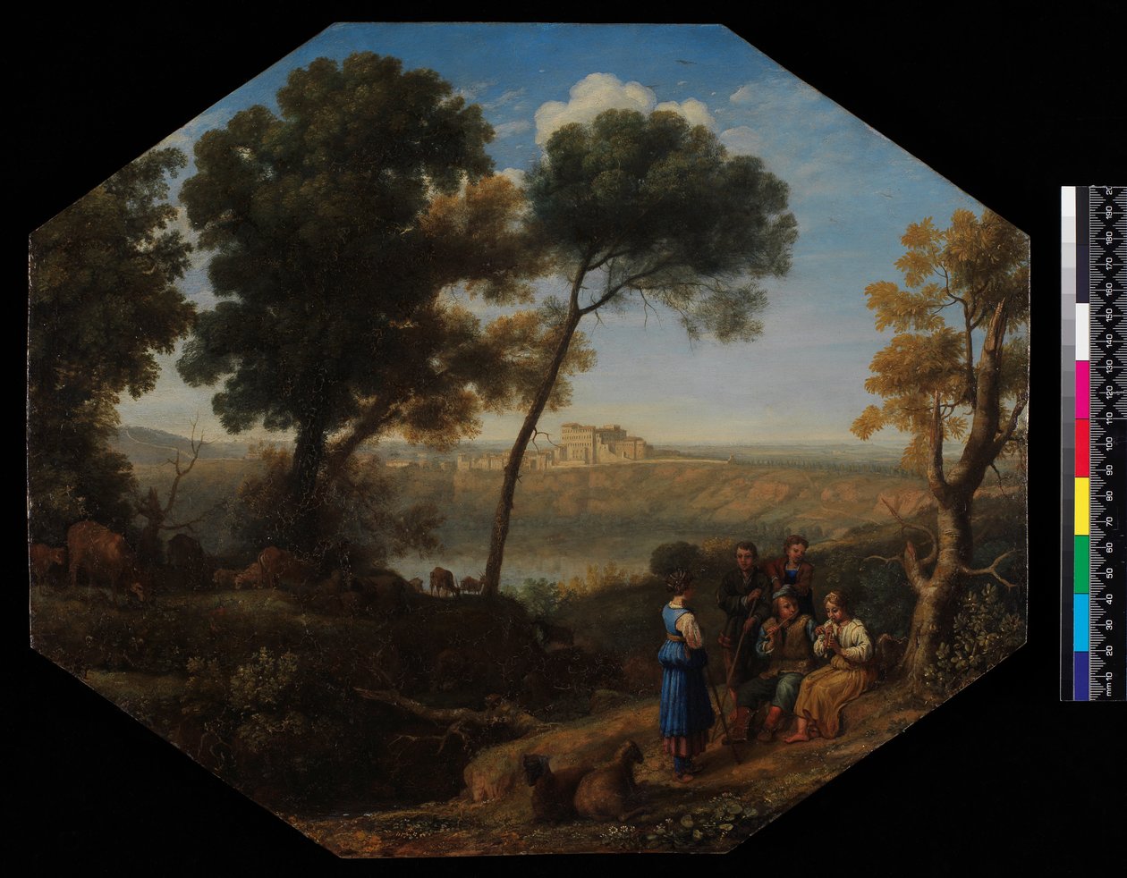 Pastoraalinen maisema näköalalla Albano-järvelle ja Castel Gandolfolle, 1639 (öljy tinalle) tekijältä Claude Lorrain