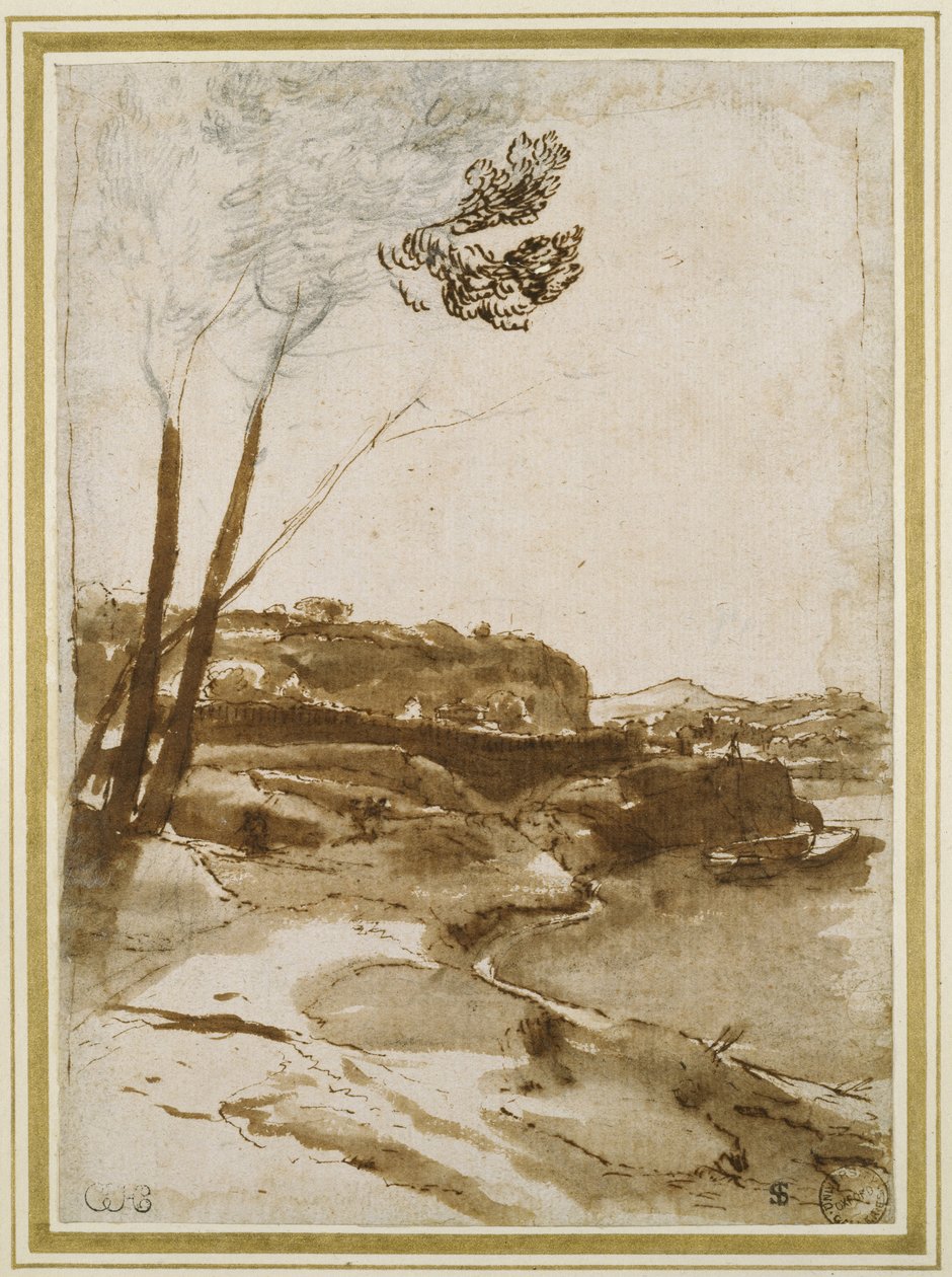 Polku Tiberiä pitkin, n. 1635-1640 (musta liitu kynällä ja ruskealla musteella ja ruskea pesu valkoisella paperilla) tekijältä Claude Lorrain