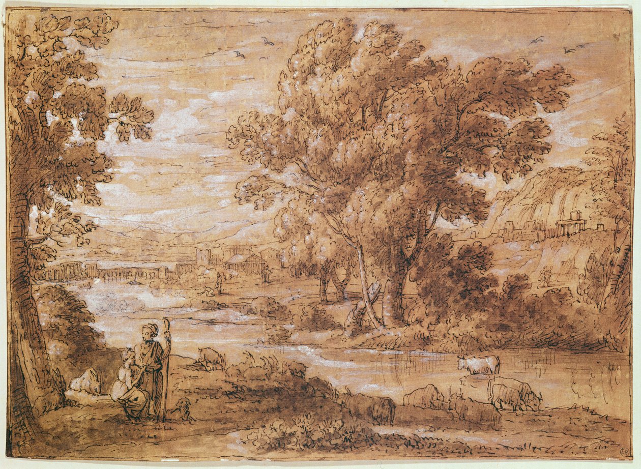 Paimen ja paimentar (kynä, akvarelli ja bistrepesu) tekijältä Claude Lorrain