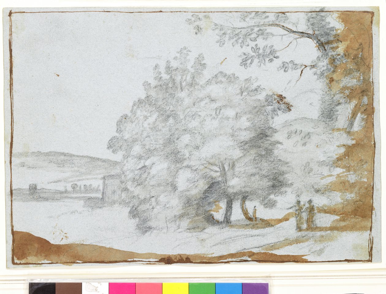 Auringon valaistu maisema puita (musta liitu ja ruskea pesu paperilla) tekijältä Claude Lorrain