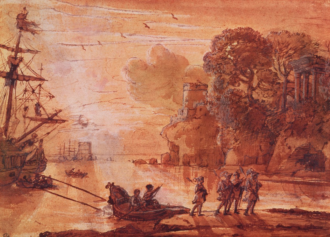 Soturien maihinnousu satamassa, mahdollisesti Aeneas Latiumissa, 1660-65 (kynän ja musteen pesu guassilla paperille) tekijältä Claude Lorrain