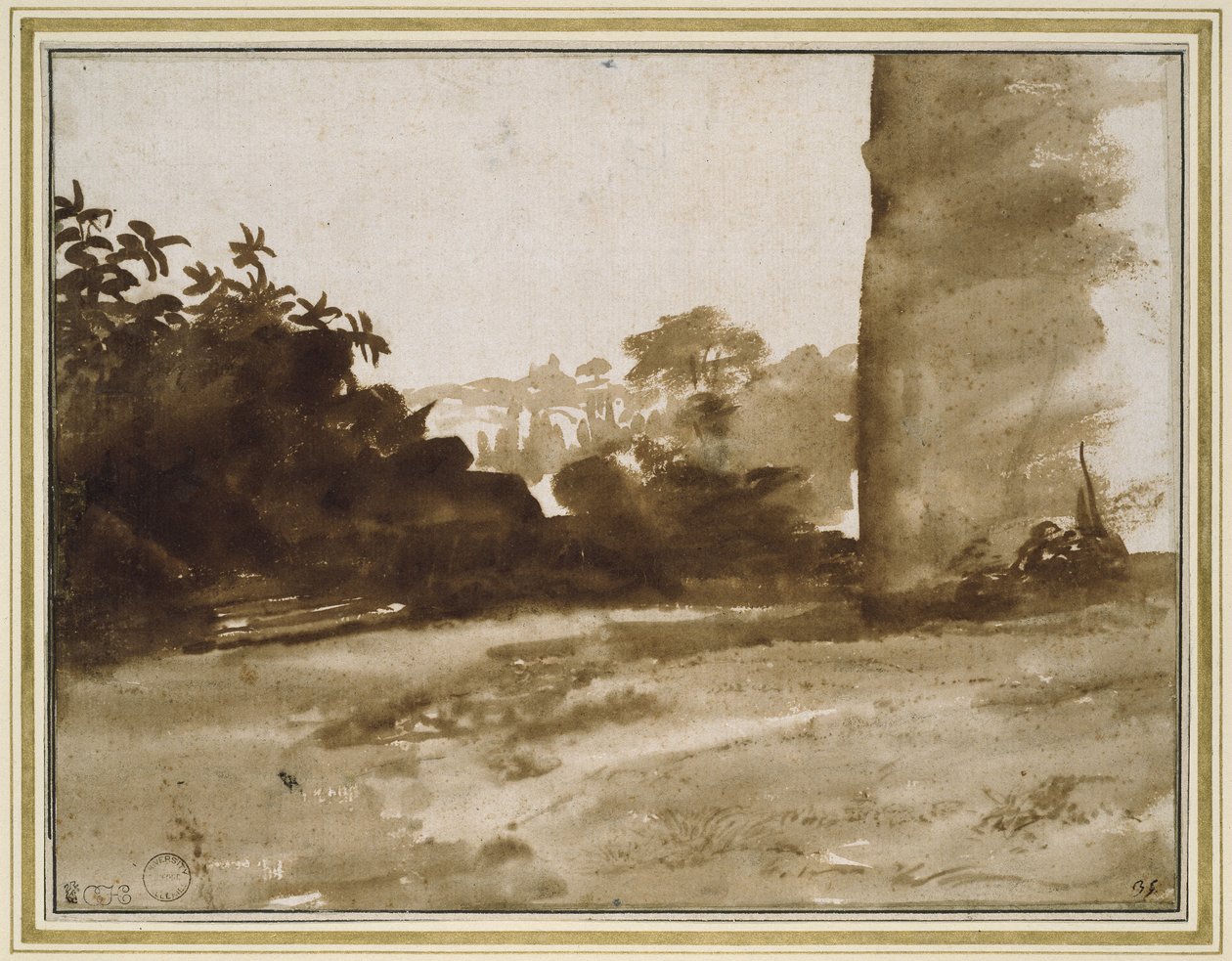 Näkymä pensaikkoon seinällä oikealla, n. 1640 (heikkoja mustan liidun jälkiä harjalla ja ruskea pesu valkoisella paperilla) tekijältä Claude Lorrain