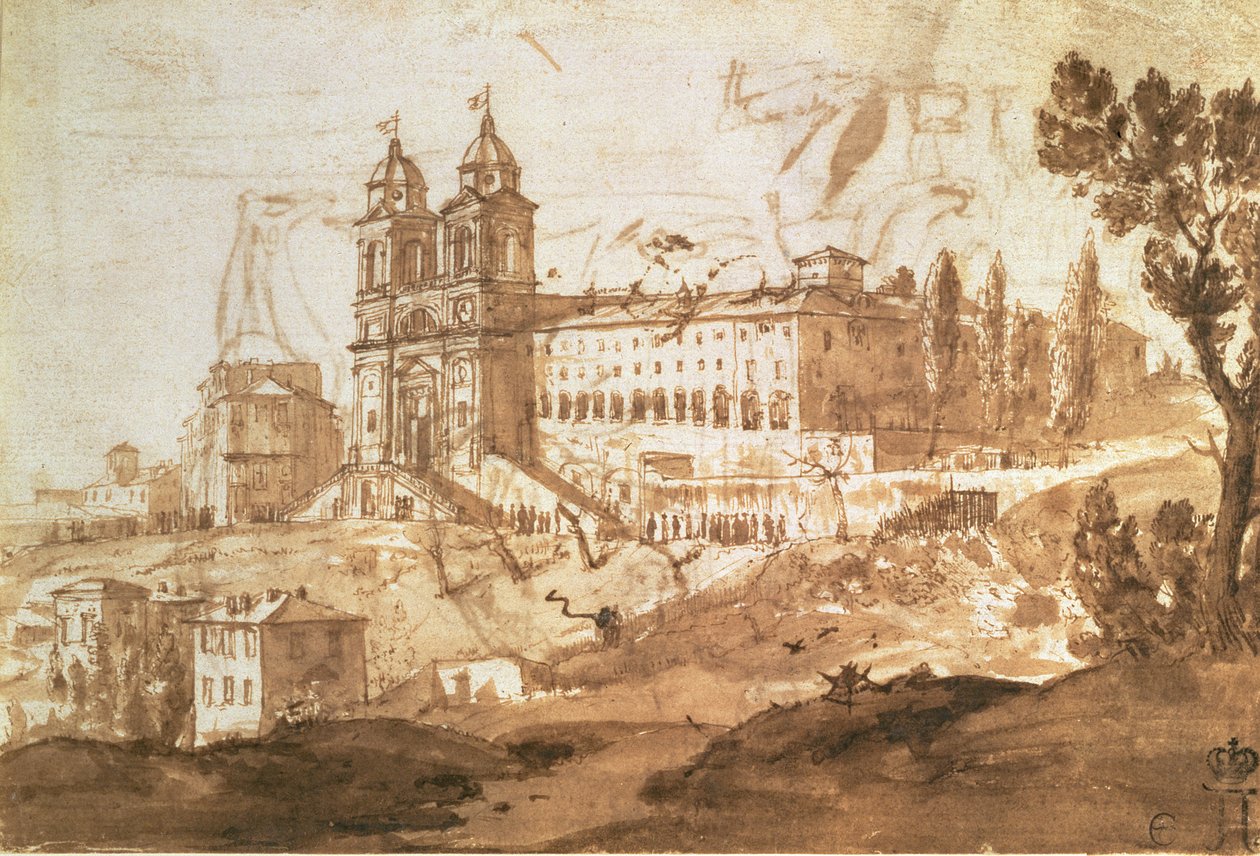 Näkymä S. Trinita dei Montin kirkolle, Rooma, n. 1632 (ruskealla pesulla kynä ja muste) tekijältä Claude Lorrain