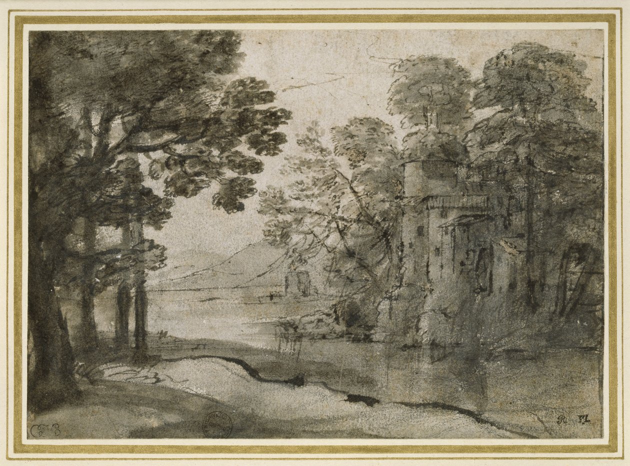 Vesimylly puiden keskuudessa, n. 1635-1638 (kynä ja musta muste harmaalla musteella mustalla liidulla valkoisella paperilla) tekijältä Claude Lorrain