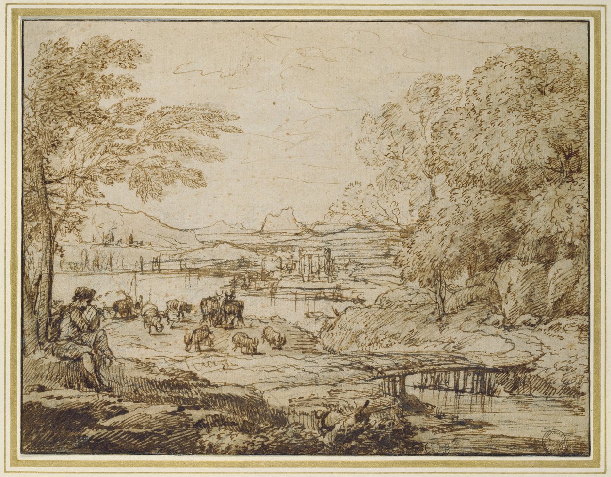 Nuoret leikkivät piippua pastoraalisessa maisemassa, noin 1640-luku (musta liitu kynällä ja ruskealla musteella ja vaaleanruskea pesu vaalean beigenvärisellä paperilla) tekijältä Claude Lorrain