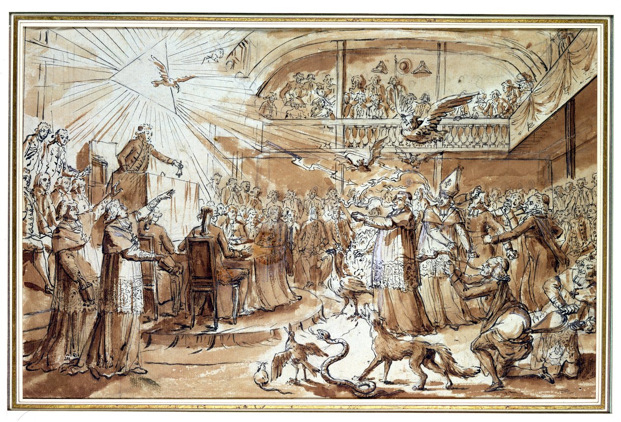 Karikatyyri papistosta perustuslakikokouksessa joulukuussa 1790, joka kumoaa siviiliperustuslain pakottamisen kirkolle 1790 (kynä ja muste ja pesu paperille) tekijältä Claude Louis Desrais