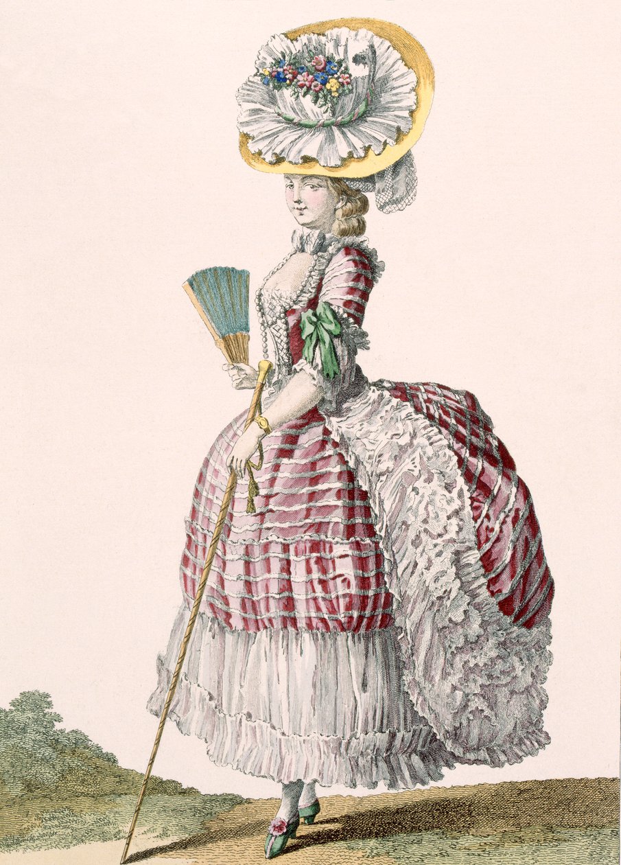 Nainen, joka on pukeutunut poloneesityyliseen mekkoon, kaiverrettu Dupin, levy nro 82 julkaisusta "Galeries des Modes et Costumes Francais", n. 1778-87 tekijältä Claude Louis Desrais