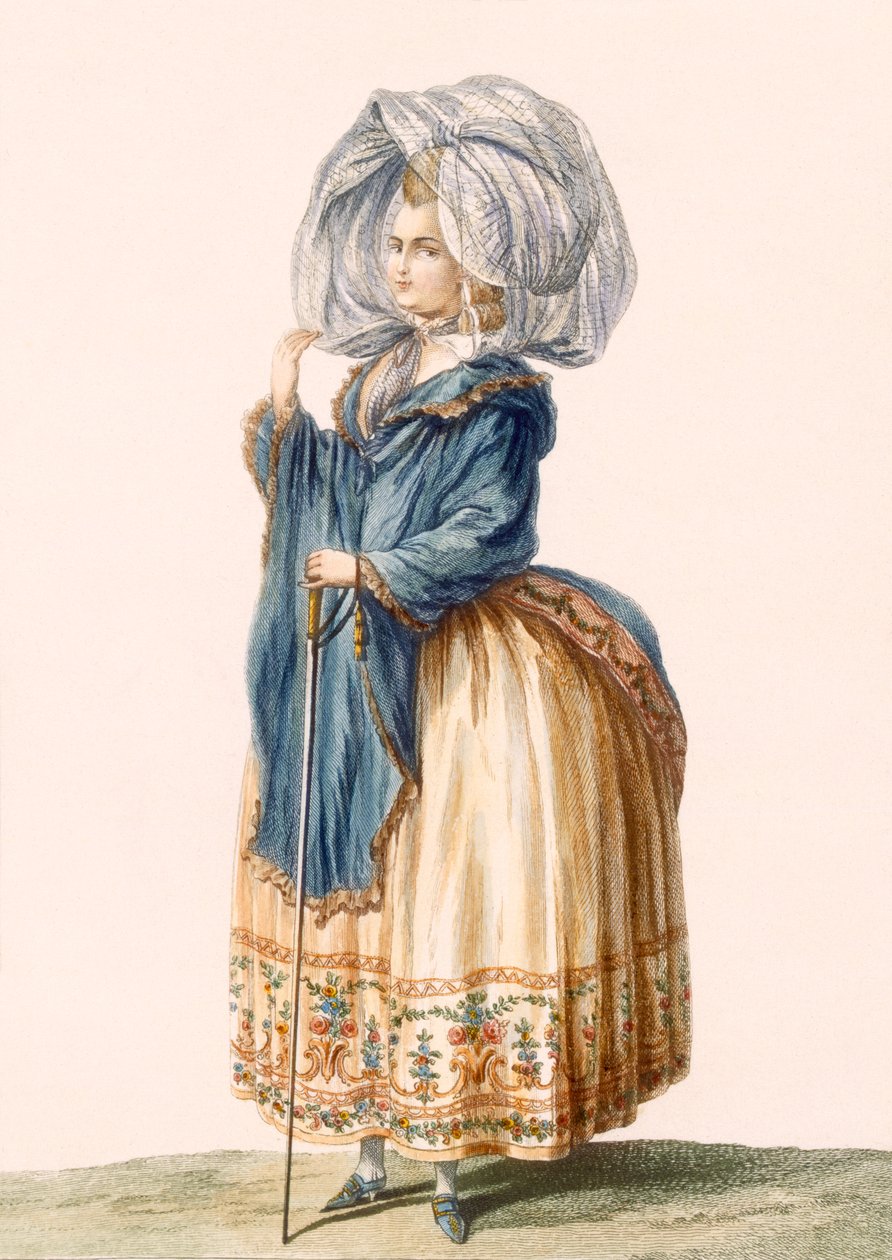 Naisen puku, kaiverrettu Voysardin toimesta, levy teoksesta "Galeries des Modes et Costumes Francais", n. 1778-87 99:vaatetus; perinteinen pukeutuminen; perinteinen puku; muoti; kuvitus; 1800-luku tekijältä Claude Louis Desrais