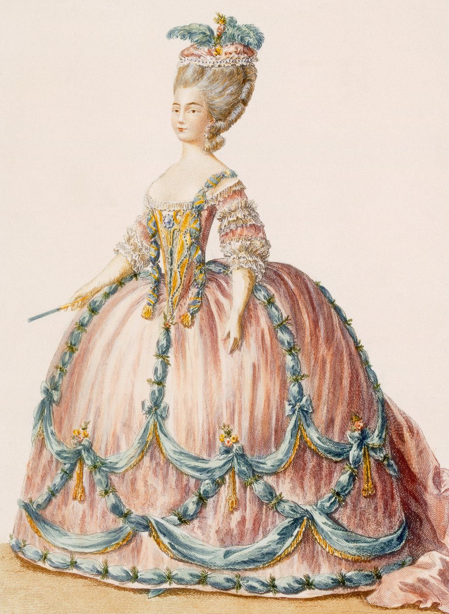 Kuninkaallisen hovin naisen puku, kaiverrettu Denyn kaiverruksessa, teoksesta "Galeries des Modes et Costumes Francais", noin 1778-87. tekijältä Claude Louis Desrais