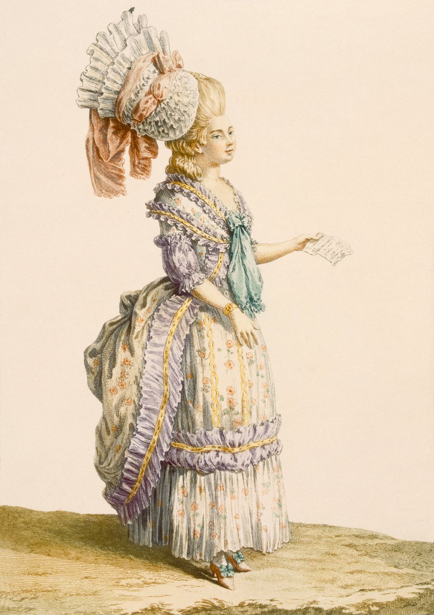 Polanaise negligee, kaiverrus Le Roy, teoksesta "Galeries des Modes et Costumes Francais", n. 1778-87 tekijältä Claude Louis Desrais