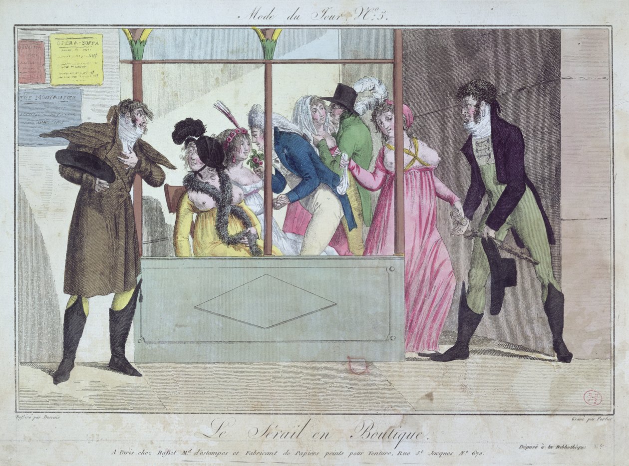 Prostituoituja Palais-Royalissa, teoksesta Mode du Jour, kaivertaja Fortier, 1800-luvun alku (käsin väritetty kaiverrus). tekijältä Claude Louis Desrais