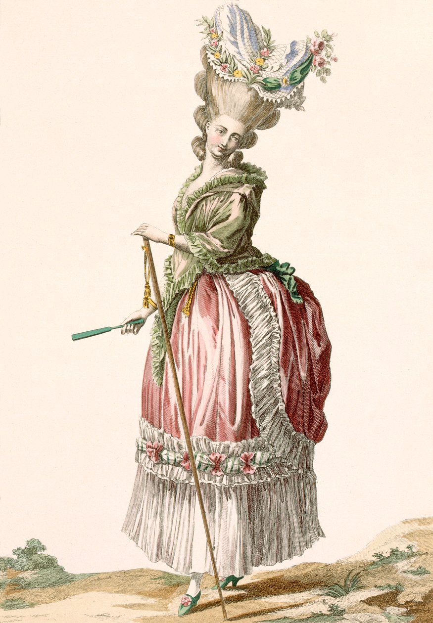 Provencen tyylinen naisten kävelypuku, kaiverrettu Dupin, levy nro 17 julkaisusta "Galeries des Modes et Costumes Francais", n. 1778-87 tekijältä Claude Louis Desrais