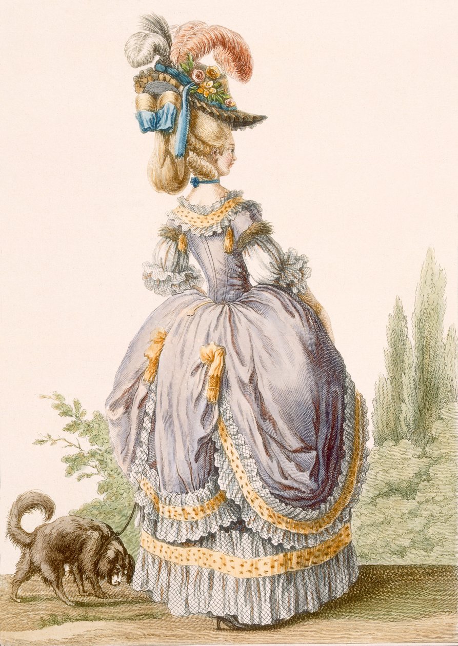 Robe de la Circassienne, kaiverrus Voysard, "Galeries des Modes et Costumes Francais", n. 1778-87 99:vaatteet; perinteinen asu; perinteinen puku; muoti; kuva; tekijältä Claude Louis Desrais