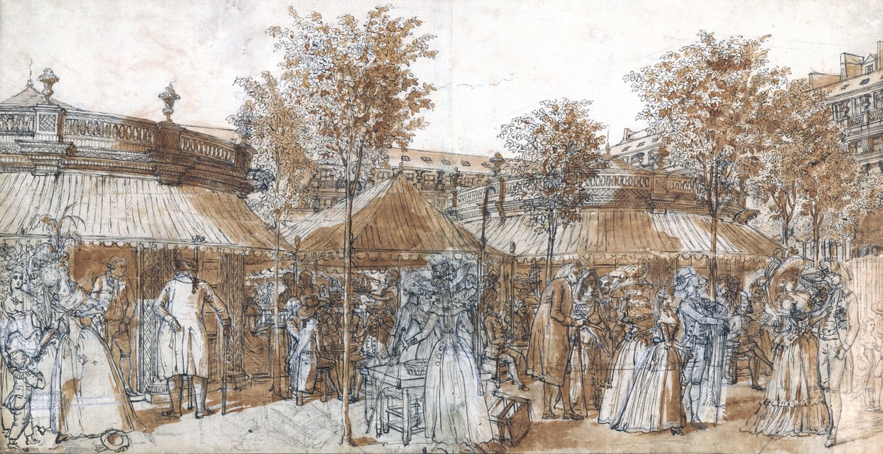 Palais Royal Garden Walk vuonna 1787 (kynä ja ruskea muste paperille) tekijältä Claude Louis Desrais