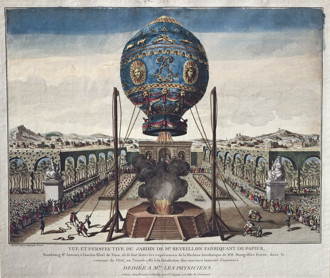 Näkymä Montgolfier Brothersin ilmapallokokeesta M. Reveillonin puutarhassa 19. lokakuuta 1783 tekijältä Claude Louis Desrais