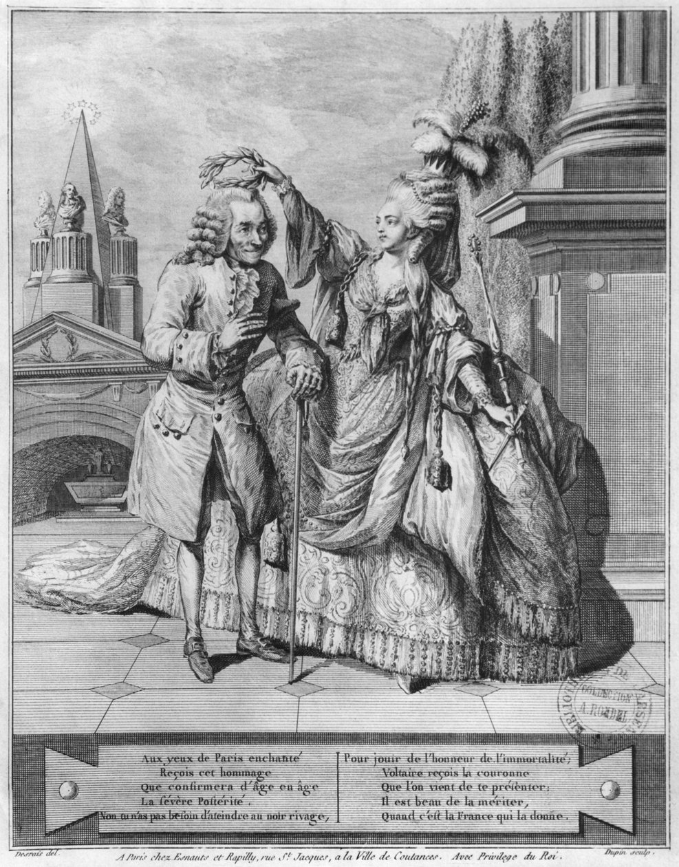 Voltairen kruunasi Mademoiselle Clairon, kaiverrus Jean Victor (s.1718) 1791 tekijältä Claude Louis Desrais