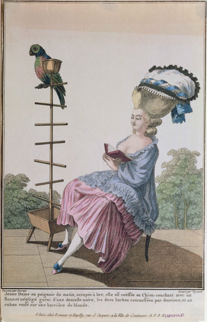 Nuori nainen lukee päiväpuvussa, jossa on hienostunut hiustyyli ja konepelti, levy 20 Galerie des Modes et Costumes Francais