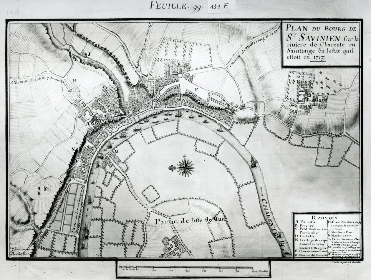 Fol.99 kartta Saint-Savinienista Charente-joella vuonna 1713, "Recueil des Plans de Saintonge" (kynä ja muste ja wc paperilla) tekijältä Claude Masse