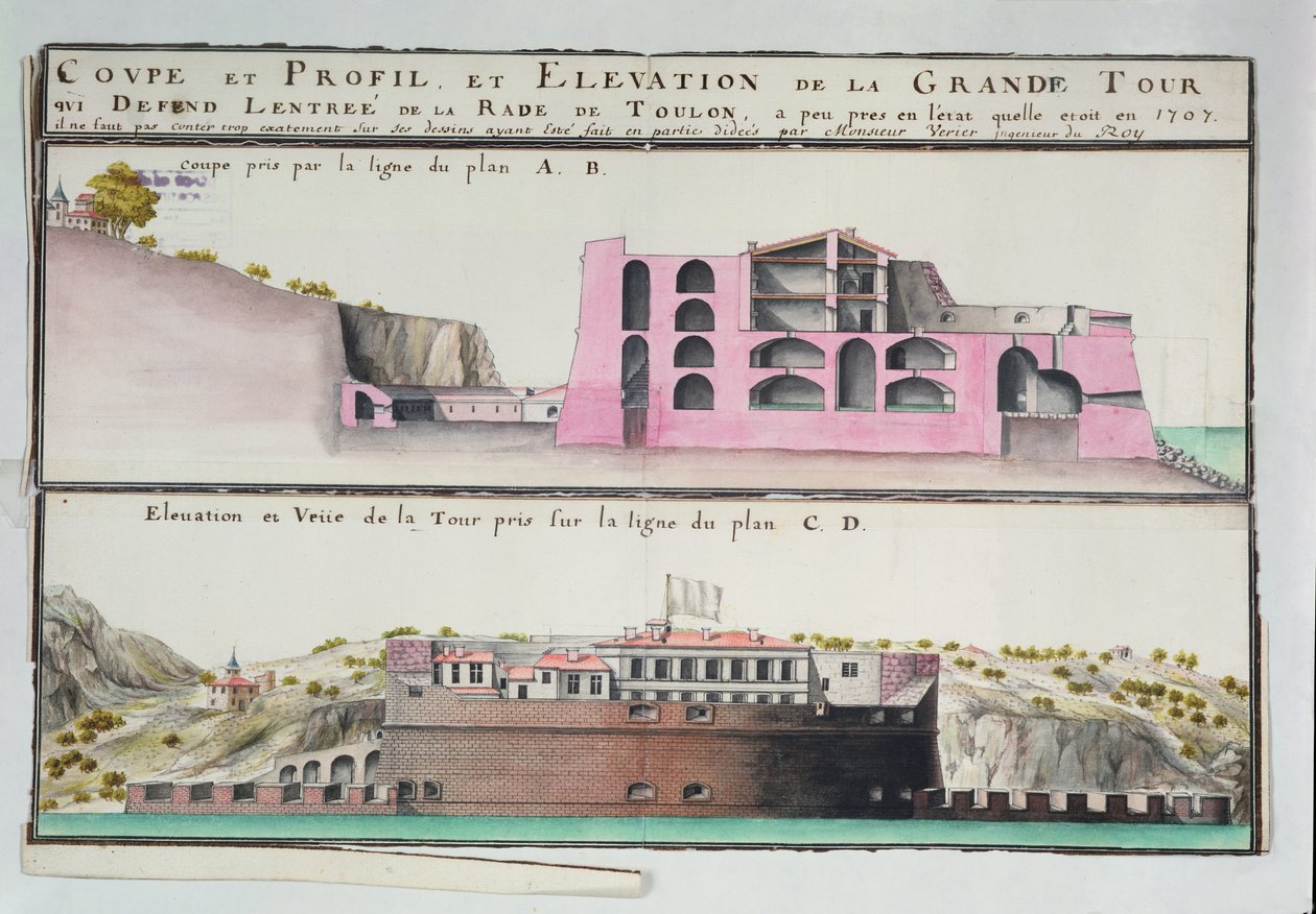 Ms 508131 K fol.107 Toulonin satamatornin poikkileikkaus ja korkeusnäkymä, lähteestä "Traite de Fortifications" (tussi ja tussi ja wc paperille). tekijältä Claude Masse
