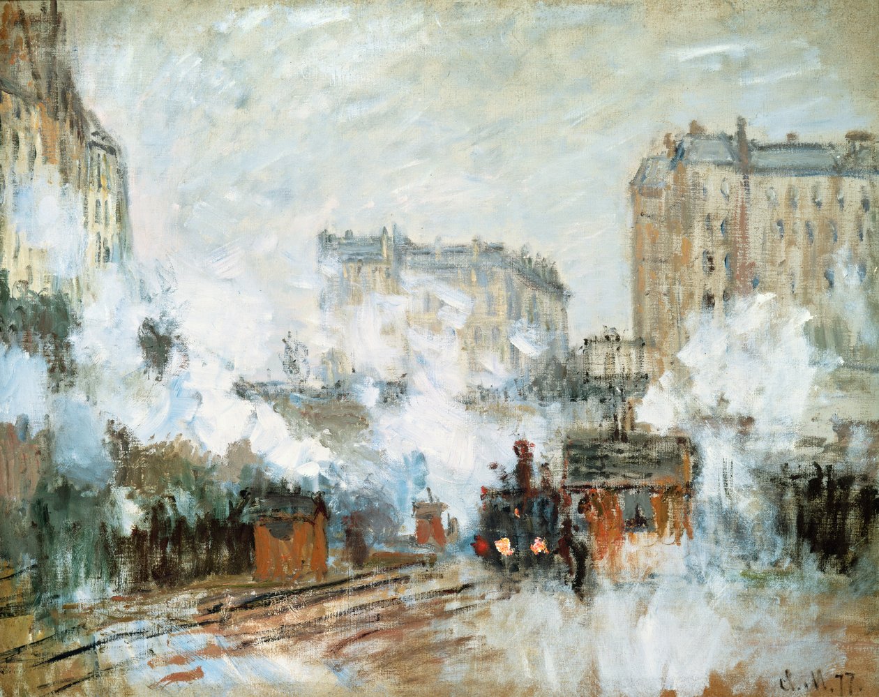 Gare Saint-Lazaren ulkoalue, junan saapuminen, 1877 tekijältä Claude Monet