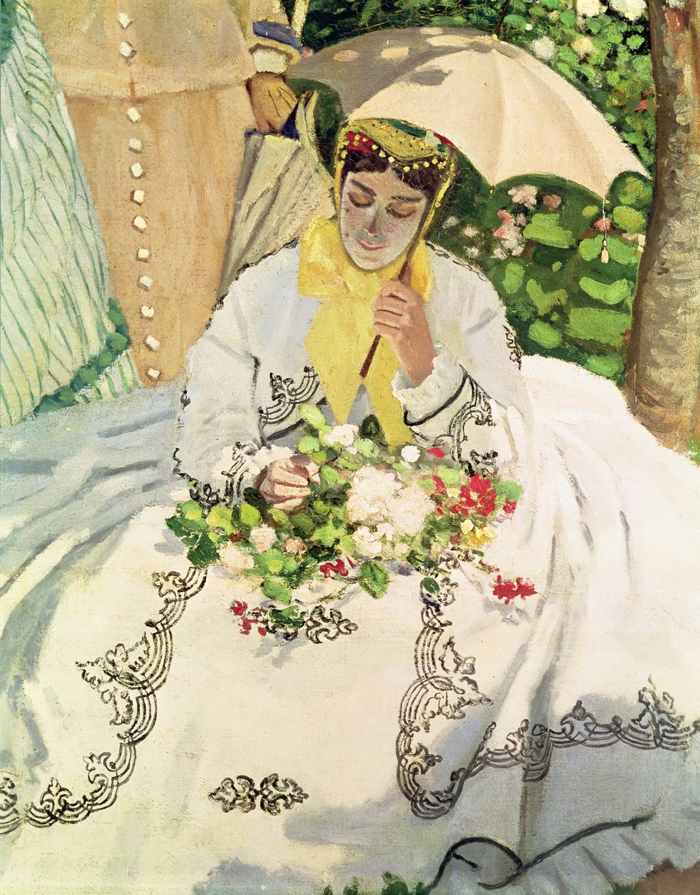 Femmes au jardin yksityiskohta istuvasta nuoresta naisesta, joka kantaa aurinkovarjoa, n. 1866 öljy kankaalle tekijältä Claude Monet
