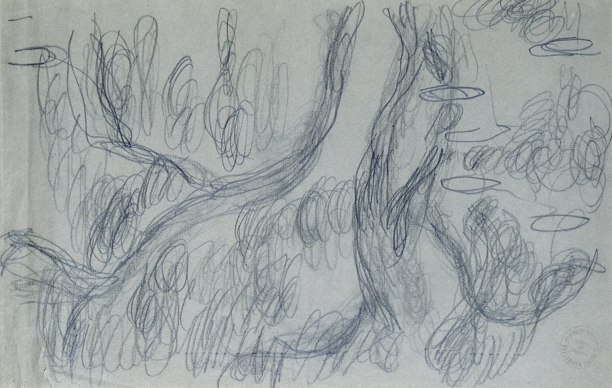 Reflections of Willows, n. 1918 (musta värikynä siniharmaalla paperilla) tekijältä Claude Monet