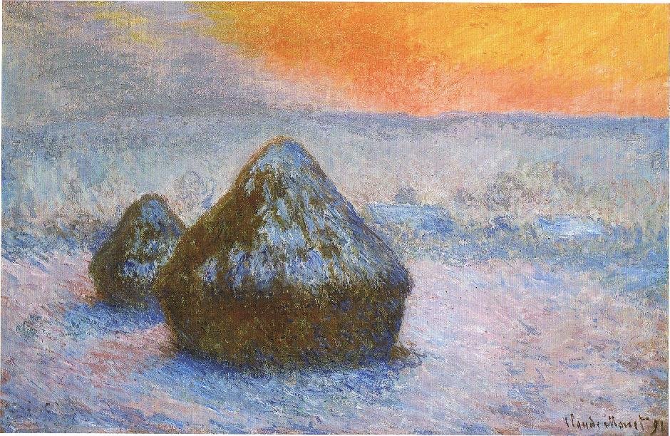 Pino vehnän auringonlaskua, lumiefekti tekijältä Claude Monet