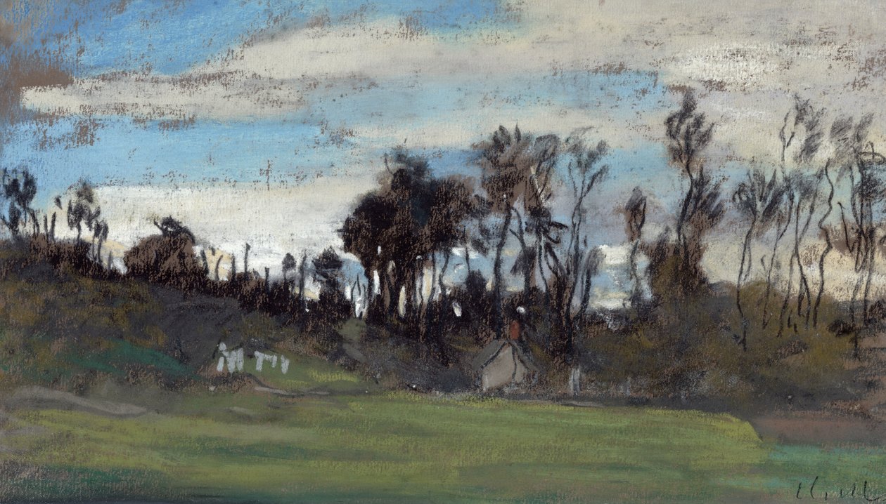 Puiden reunustama niitty (pastelli ja guassi) tekijältä Claude Monet