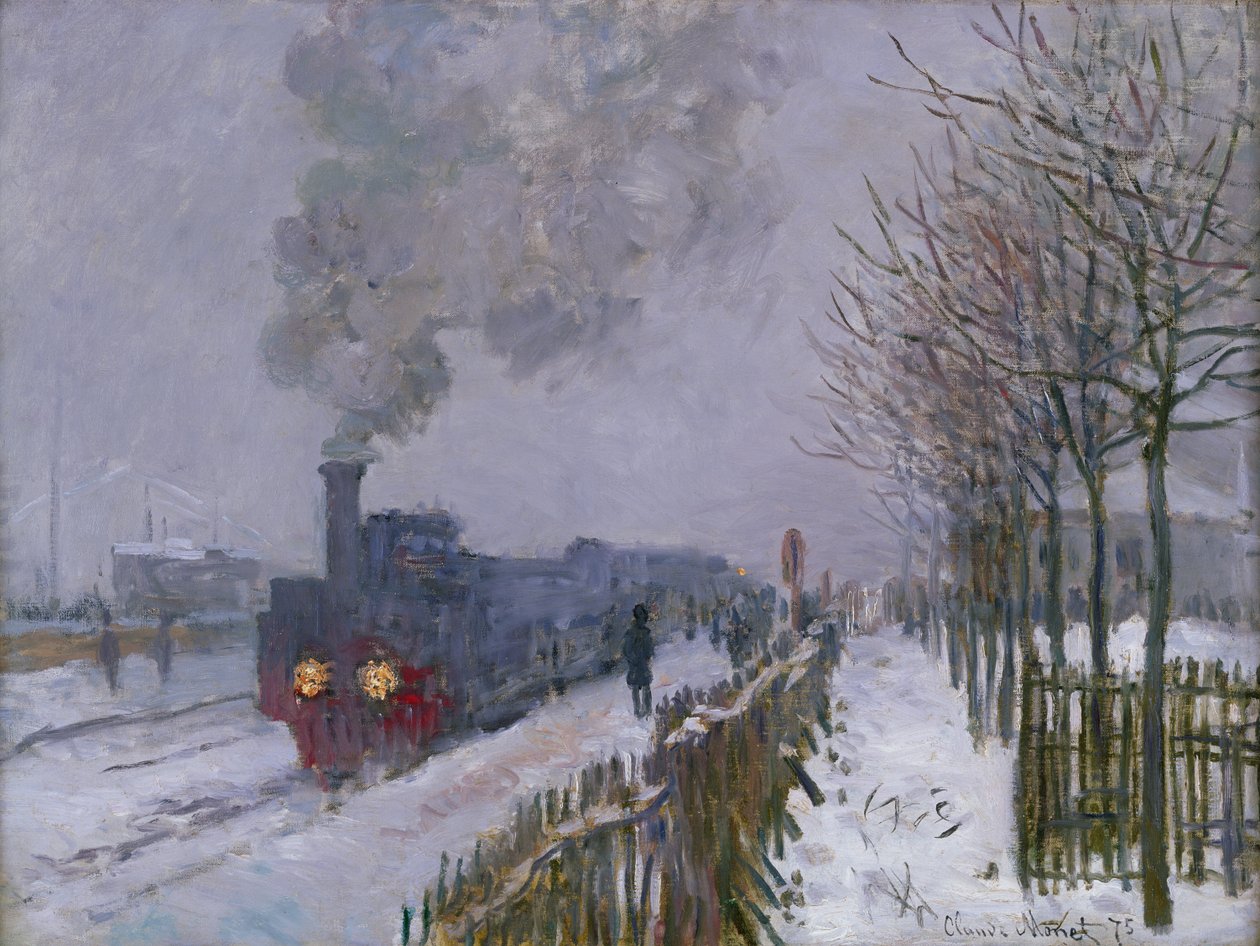 Juna lumessa tai veturi, 1875 tekijältä Claude Monet