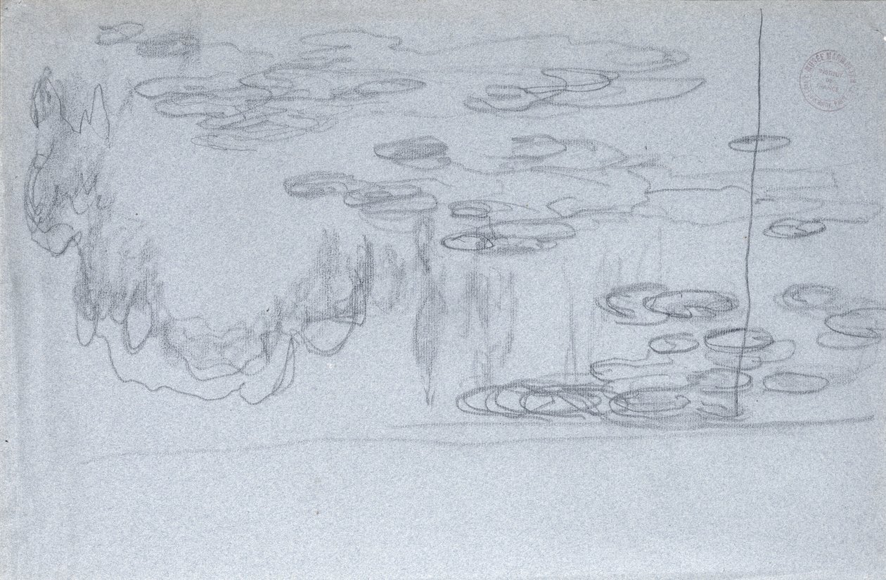 Vesililjat, n. 1918 (musta värikynä sinisellä värikynäpaperilla) tekijältä Claude Monet