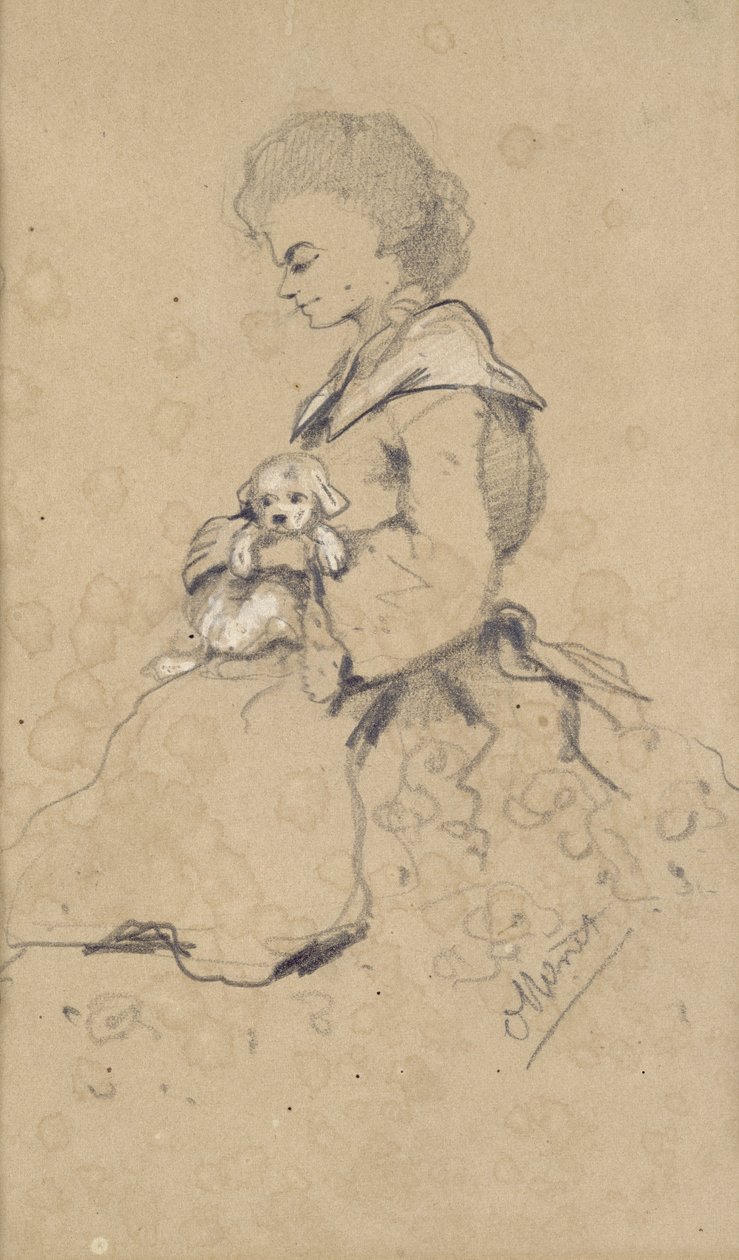Naiset pitelevät pientä koiraa, 1857 (musta ja valkoinen liitu paperille) tekijältä Claude Monet