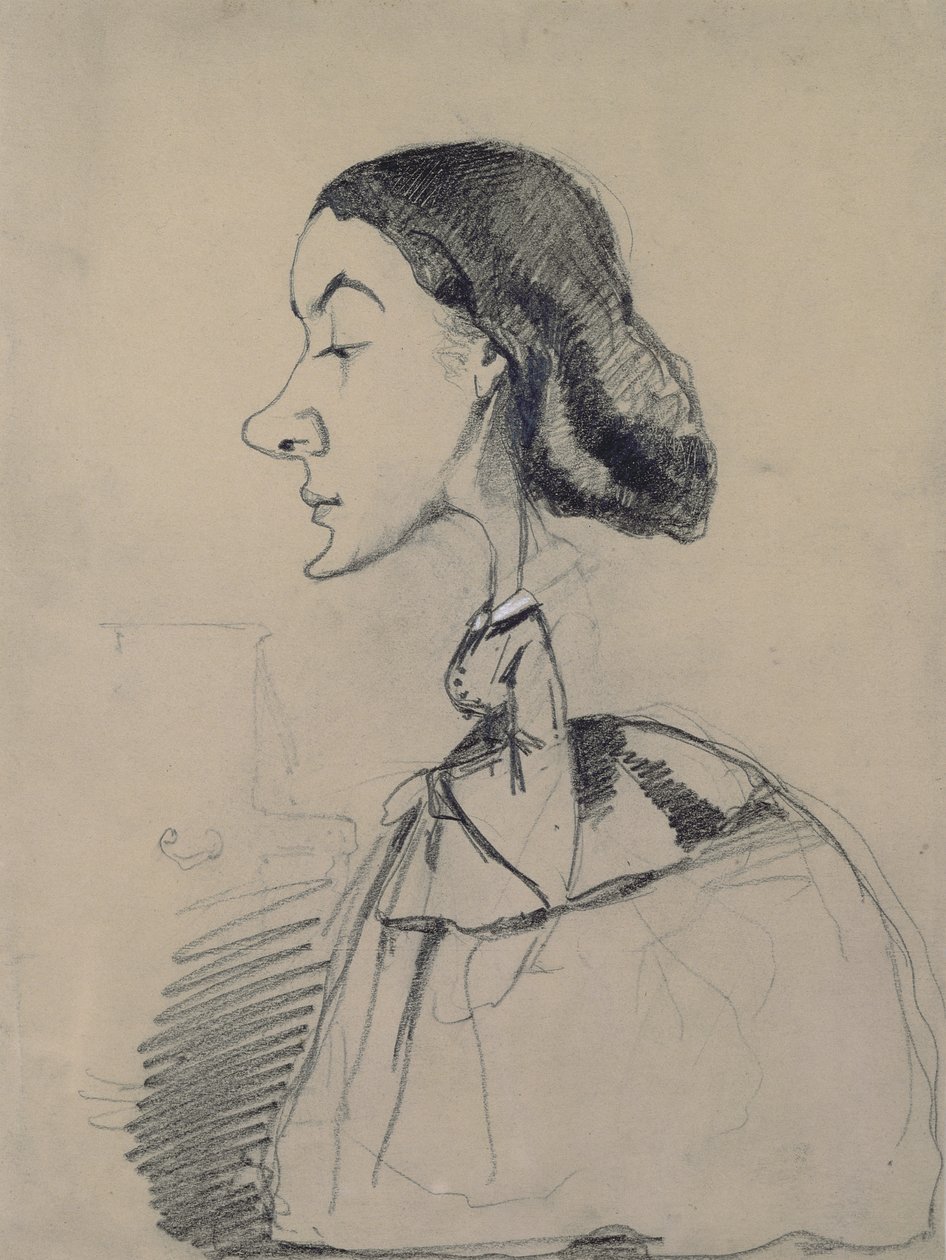 Nuori nainen pianon ääressä, 1855-60 (musta värikynä, korotettu valkoisella pastellilla paperille) tekijältä Claude Monet