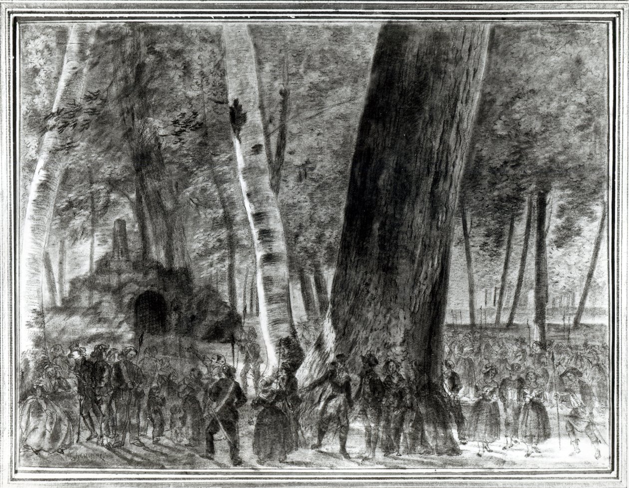 Jean Paul Maratin (1743-93) ruumis Club des Cordeliersin puutarhassa (hiili paperilla) tekijältä Claude Noel Thevenin