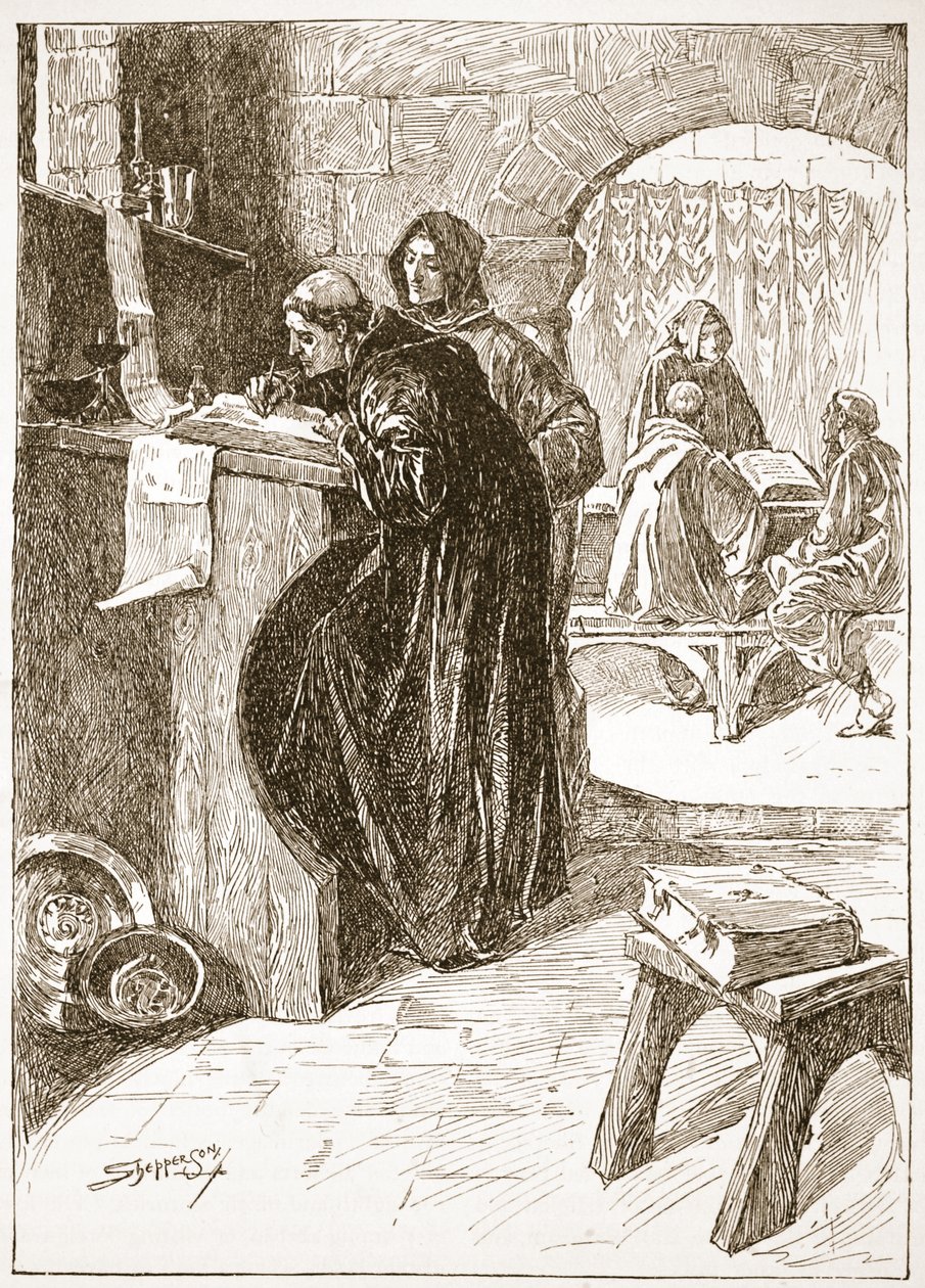 The Scriptorium of a Monastery, kuvitus teoksesta "The Church of England: A History for the People", kirjoittanut H.D.M. Spence-Jones, pubi. n. 1910 (seepiavalokuva) tekijältä Claude Shepperson