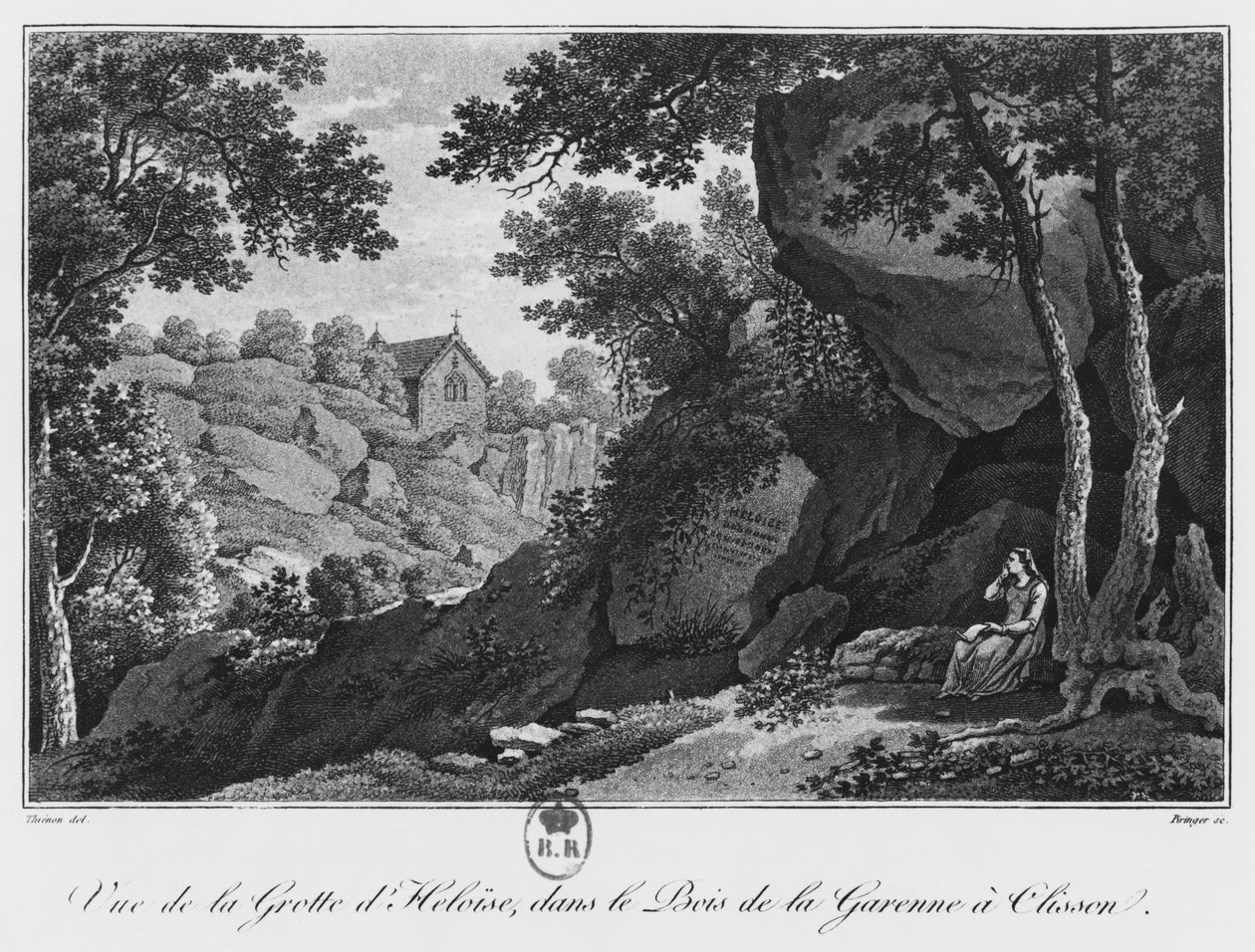 Näkymä Heloisen luolalle La Garennen puistossa Clissonissa, kuva teoksesta "Voyage pittoresque dans le bocage de la Vendee ou vues de Clisson et de ses environs", 1817 (akvatinta) tekijältä Claude Thienon