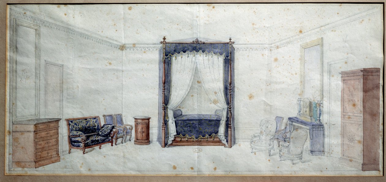 Makuuhuone (lipasto, canape, nojatuoli ja pylvässänky). Claude Aime Chenavardin vesiväri (1798-1838) tekijältä Claude Amie Chenavard