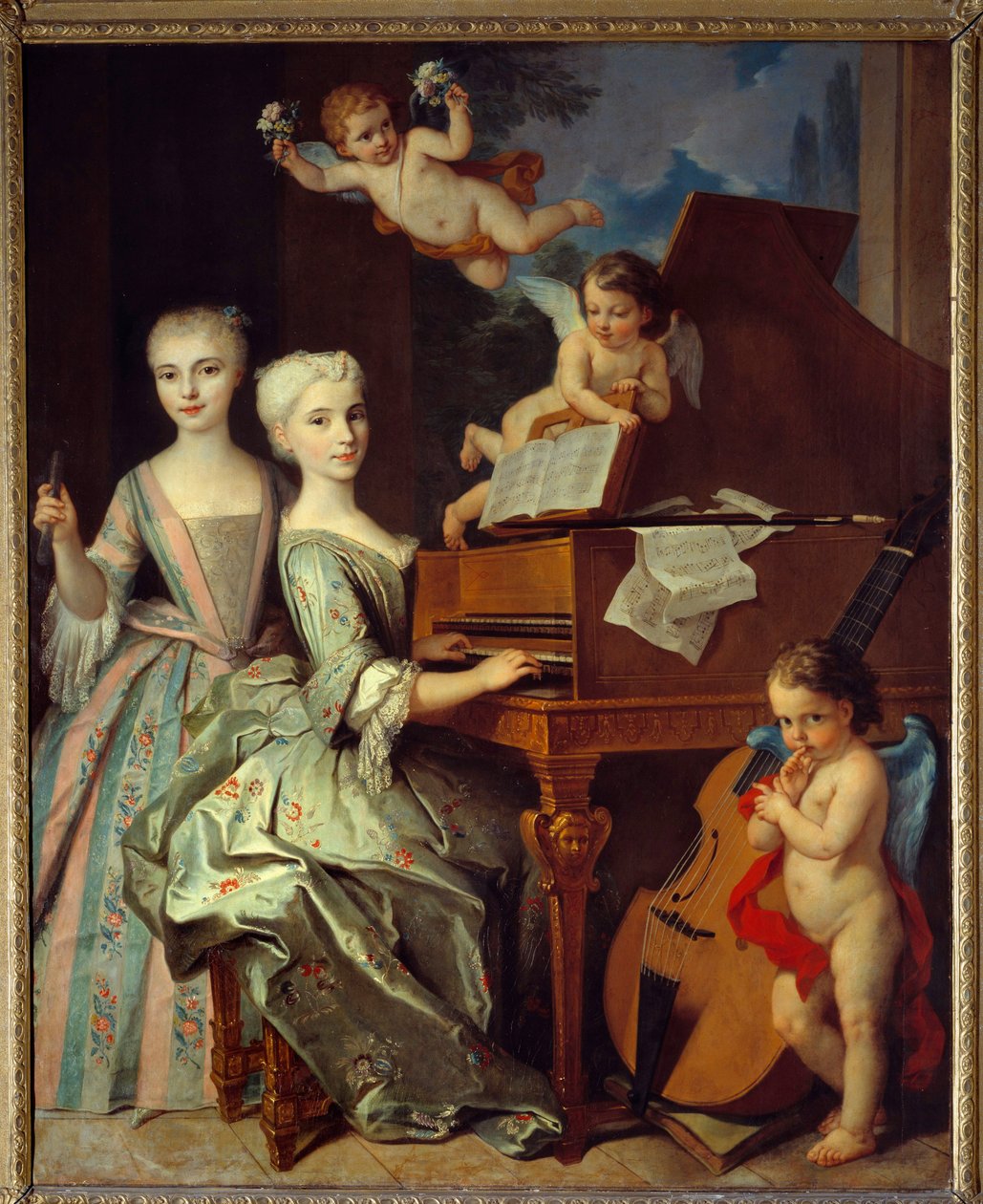 Adelaide de Gueidan ja hänen sisarensa cembalossa: Adelaide (1725-1786) ja hänen sisarensa Catherine (1726-1759) ovat suuren provencelaisen perheen jäseniä. Heitä ympäröivät musiikkienkelit. 1735-1740. Claude Arnulphy (1697-1786) öljy kankaalle. Musee tekijältä Claude Arnulphy