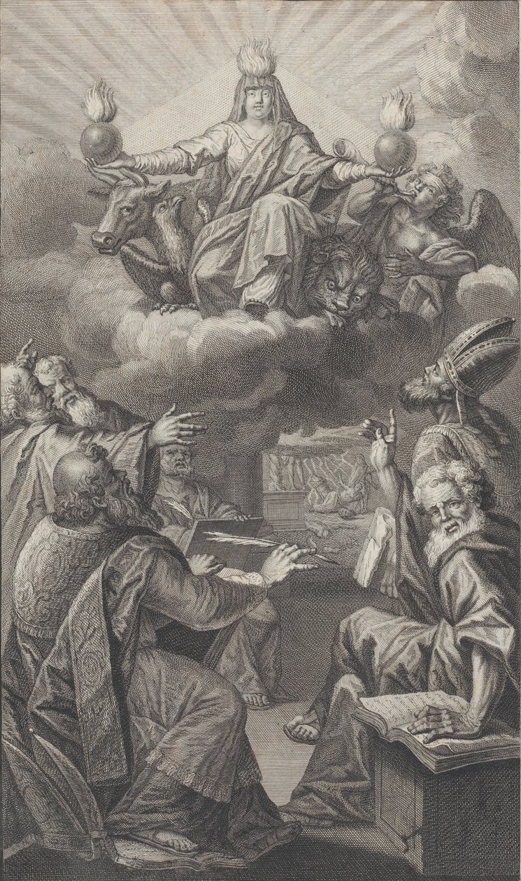 Allegorinen hahmo ilmestyy pilvien päälle pään yläpuolelle, kun alapuolelle kokoontunut miesryhmä katselee u..., 1728. tekijältä Claude Augustin Duflos